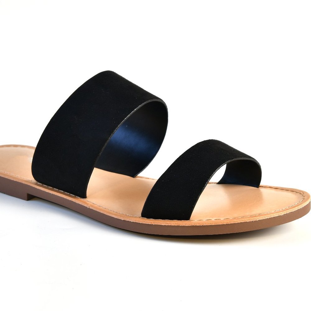 New Black Flat Sandals Double Band Women's Slides